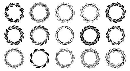 Hand drawn wreath and circular decorative frame illustration in black outline style. This artwork represents natural elements, organic design, and elegant decoration. Ideal for wedding invitations, br