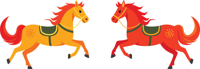 Two colorful horses with saddles running side by side on a white background with Lunar New Year decorations.