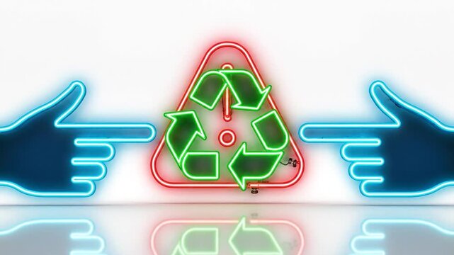 Two blue neon hands point at a central red warning triangle enclosing a green recycle symbol