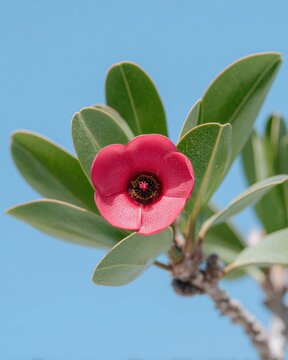 Ochna Integerrima Red Flower Blooming on Branch with Green Leaves Against a Blue Sky, Floral Botanical Element for Lunar New Year Greeting Cards and Spring Designs
