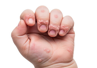 Closeup of a childs hand showing severe warts on fingers and palm, isolated on transparent background