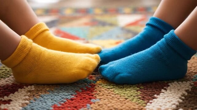 Kids feet wearing bright socks on a colorful carpet