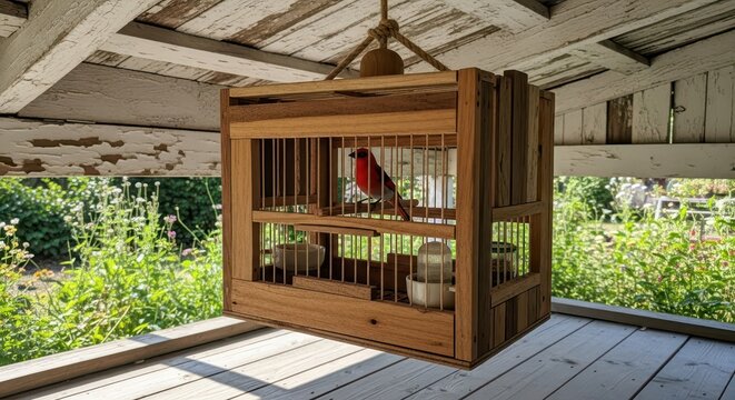 Wooden birdcage housing a small red finch hangs beneath a weathered porch ceiling overlooking green foliage