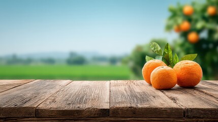 Golden Orange Fruits on Weathered Wooden Table with Distant Green Fields and Bright Sky Natural Still Life in Vivid Colors Perfect for Backgrounds
