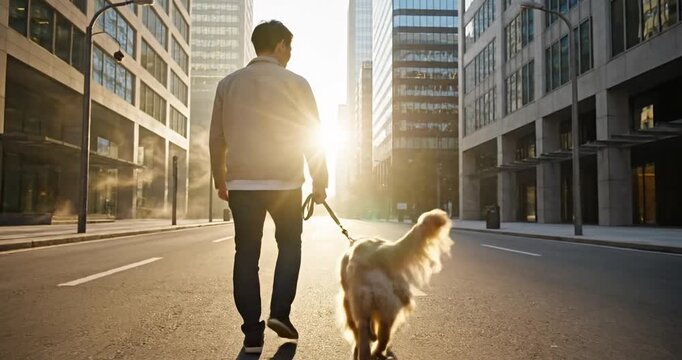 Man Walking Dog City Street.