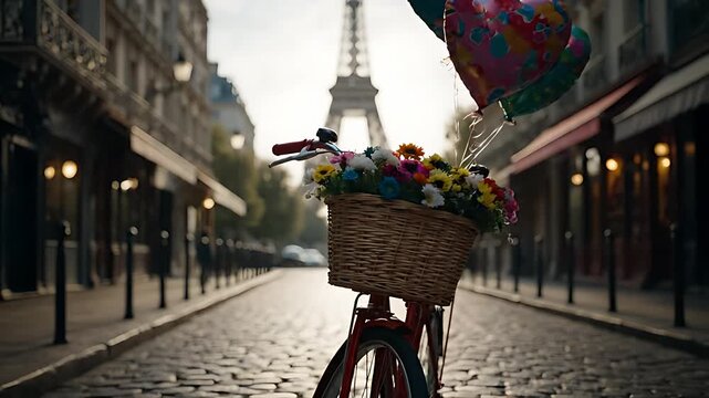 Charming vintage bicycle adorned with a woven basket overflowing with colorful fresh flowers awaits a ride down a romantic Parisian street toward the iconic Eiffel Tower landmark.