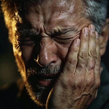 Middle-elderly man with trigeminal neuralgia having facial pain and holding cheek