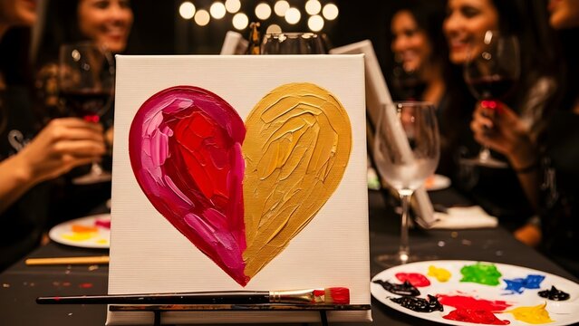 Female friends enjoying a creative Galentine's Day paint and sip event, celebrating friendship and self-love with heart art and wine glasses.