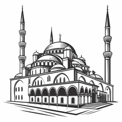 Black and white of an islamic mosque with two minarets