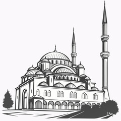 Fototapeta premium Black and white of large islamic mosque with minarets and domes