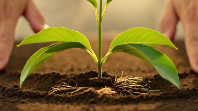 close-up of hands planting young tree sapling in soil, time-lapse growth elements. video