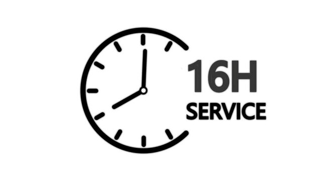 16 hours service clock icon. Online customer care, real-time customer assistance to ensure complete customer satisfaction. 16 Hours Service Logo with Minimal Clock Design