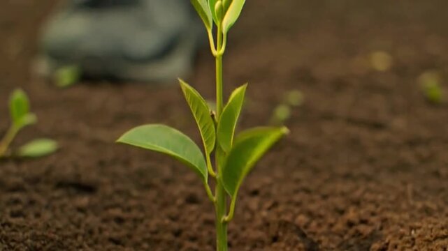 close-up of hands planting young tree sapling in soil, time-lapse growth elements. video