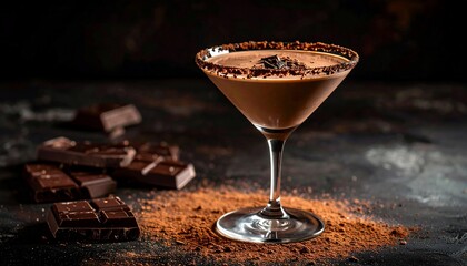 Chocolate martini in stemmed glass with chocolate flakes and bars on dark surface