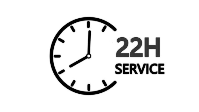 22 hours service clock icon. Online customer care, real-time customer assistance to ensure complete customer satisfaction. 22 Hours Service Logo with Minimal Clock Design