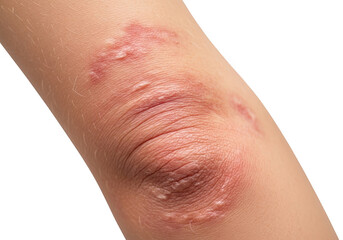 Close up of human elbow skin showing severe eczema rash with redness inflammation and dry scaly patch isolated on transparent background