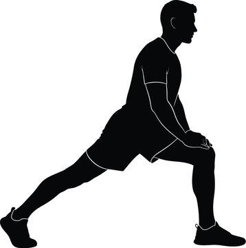 Silhouette illustration depicting a male athlete performing a deep forward lunge stretch targeting hamstring and hip flexor muscles during a warm up or cool down routine