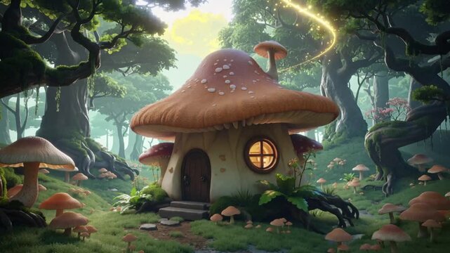 Whimsical Mushroom House in Enchanted Forest with Glowing Fairy Lights