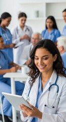 Fototapeta premium Doctor Using Tablet With Team In Background