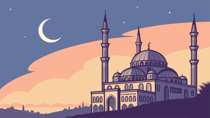 Illustrated mosque at sunset with crescent moon