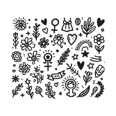 doodle  hand drawn floral and female empowerment icons