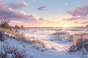 Pixelated Winter Landscape with Snow Covered Field and Golden Sunset Under Cloudy Sky in Pastel Colors Creating Nostalgic Atmosphere in Retro Style