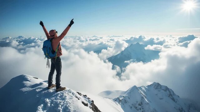 Mountaineer standing on snowy mountain peak above clouds with cinematic sunlight and achievement concept
