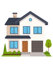 Cartoon illustration of a two-story home with a dark roof, windows, and garage. Landscaping features trees and bushes. A small chimney is present