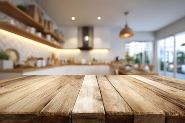 Rustic Wooden Tabletop Over Blurred Kitchen Background in Warm Interior Design with White Cabinets Countertops and Wooden Shelves with Soft Natural Light
