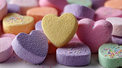 Obraz premium Top view of colorful heart-shaped candies in soft pastel light with shallow depth of field, joyful Valentine's product still life photography