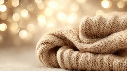 Soft Beige Knitted Sweater on a Shimmering Gold Bokeh Background Warm and Cozy Winter Aesthetic with Subtle Sparkle for Holiday Season