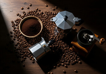 Fototapeta premium Coffee Beans and Equipment Flat Lay on Rustic Wooden Surface. Overhead View of Moka Pot, Grinder, Whole and Ground Coffee