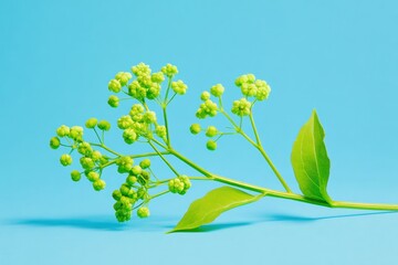 Obraz premium Botanical Delphinium flower stem with small green blossoms and leaves on a blue background, perfect for scientific education, textbook , and social media content