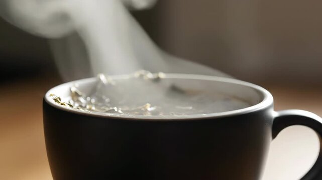 Seamless loop of gentle white steam vapor swirling and rising from a hot black ceramic cup of herbal remedy against a soft diffused background background, vapor, cozy