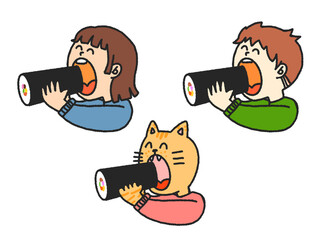 恵方巻きを食べている子どもとねこ　セット