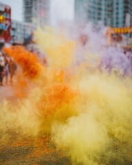 Obraz premium Colorful Holi powder explosion in city street with blurred crowd celebrating public holiday for travel blog background and vibrant festival atmosphere concept