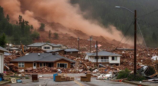 Residential area devastated by landslide with destroyed houses and debris scattered everywhere