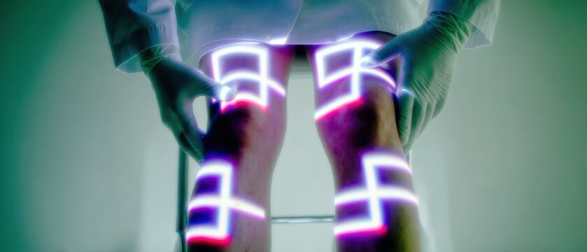Professional Surgeon Examining Varicose Veins on Patient Legs with Advanced Medical Digital Interface Mapping in Clinic for Vascular Laser Treatment Marketing