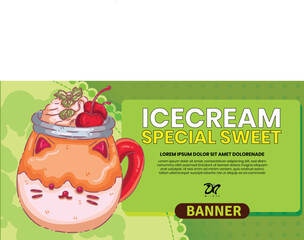 Kawaii Cat Mug Ice Cream Banner - Sweet Sundae with Cherry and Whipped Cream on Green Background