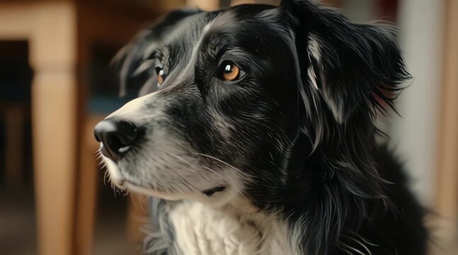 Close-up portrait of a beautiful black and white Border Collie dog with attentive eyes