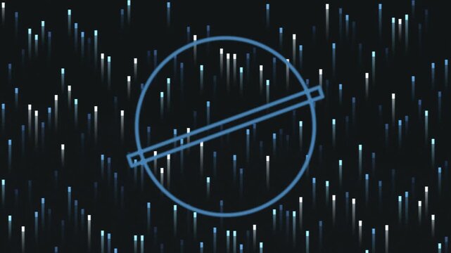 Abstract composition with a circle, a diagonal line and scattered vertical light trails