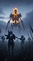 Naklejka premium Sci fi soldiers face giant fiery demon in dark field