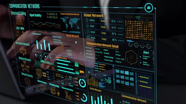 Data center monitoring dashboard visualize network performance, connection status, usage rate, and telecommunication insight. Data center monitoring efficiency improvement network transparency. Thunk