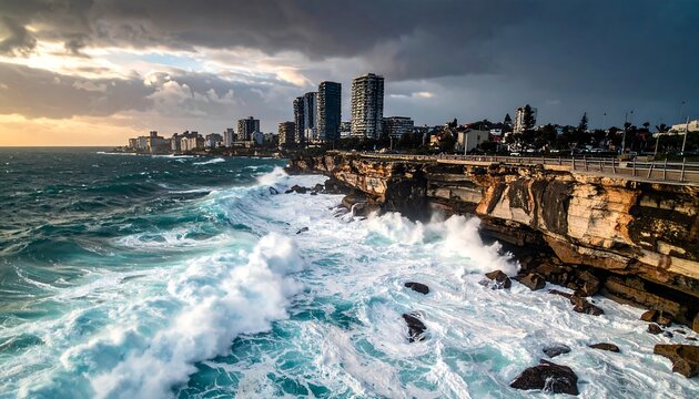 Coastal scene where waves crash against cliffs with city skyline in the background under a dramatic, stormy sky at sunset