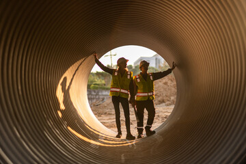 Engineer working Industrial pipeline system used for water supply or electrical cable protection large cylindrical pipes arranged in infrastructure underground utilities and public infrastructure.