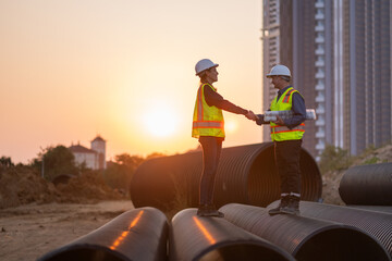 Engineer working Industrial pipeline system used for water supply or electrical cable protection large cylindrical pipes arranged in infrastructure underground utilities and public infrastructure.