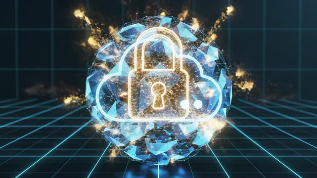 Seamless loop of geometric defense layers rapidly building around a stylized cloud server symbol followed by a final, secure, digital lock confirmation network, stylized, perimeter