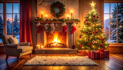 Cozy room decorated for Christmas with a lit fireplace, decorated tree, gifts, stockings, and winter outside