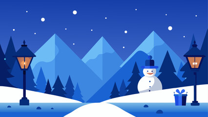 Fototapeta premium Winter night snowman in mountain landscape
