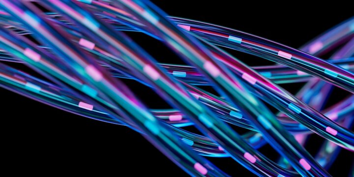 High-detail cinematic 3D render of glowing fiber-optic strands with iridescent blue and pink neon light pulses suitable for AI